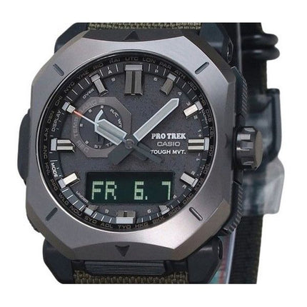 Casio ProTrek Analog-Digital-Armband aus grünem Cordura-Stoff, graues Zifferblatt, robuste Solar-PRW-6900YB-3 100M Herrenuhr