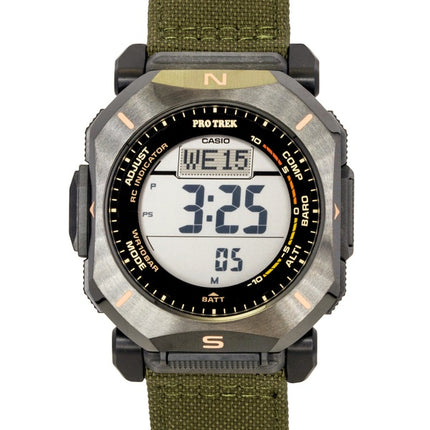 Casio Pro Trek Digital Herrenuhr mit grünem Stoffarmband, Solarbetrieb, PRW-69YB-3, wasserdicht bis 100 m