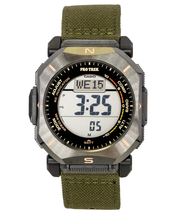 Casio Pro Trek Digital Herrenuhr mit grünem Stoffarmband, Solarbetrieb, PRW-69YB-3, wasserdicht bis 100 m