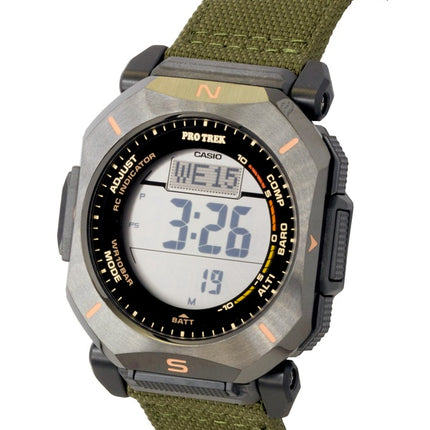 Casio Pro Trek Digital Herrenuhr mit grünem Stoffarmband, Solarbetrieb, PRW-69YB-3, wasserdicht bis 100 m