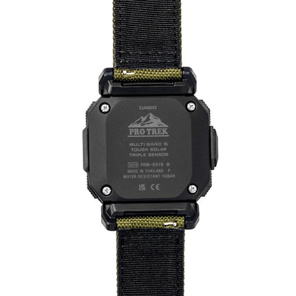 Casio Pro Trek Digital Herrenuhr mit grünem Stoffarmband, Solarbetrieb, PRW-69YB-3, wasserdicht bis 100 m