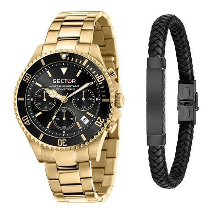 Sector 230 Gold Metallic Multifunktions-Quarzuhr mit schwarzem Zifferblatt R3273661028 100M Herrenuhr mit Geschenkset