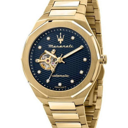 Maserati Stille Diamond Accents Gold Tone Edelstahl Open Heart Blue Dial Automatic R8823140006 100M Herrenuhr