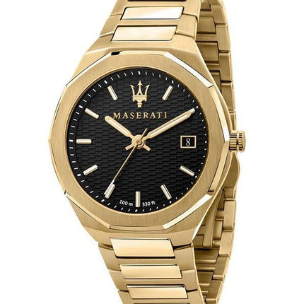 Maserati Stile goldfarbener Edelstahl, schwarzes Zifferblatt, Quarz, R8853142004, 100 m, Herrenuhr