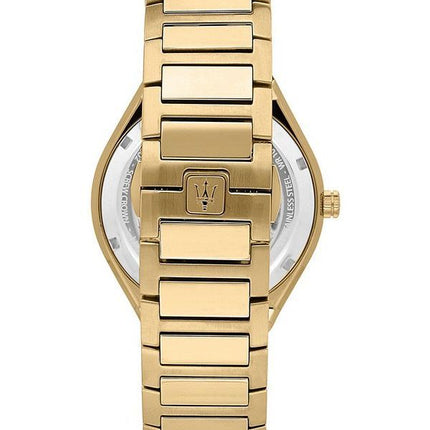 Maserati Stile goldfarbener Edelstahl, schwarzes Zifferblatt, Quarz, R8853142004, 100 m, Herrenuhr