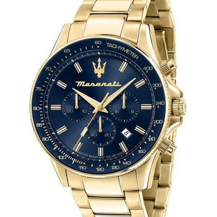 Maserati Sfida Chronograph Goldton Edelstahl Blau Zifferblatt Quarz R8873640008 100M Herrenuhr