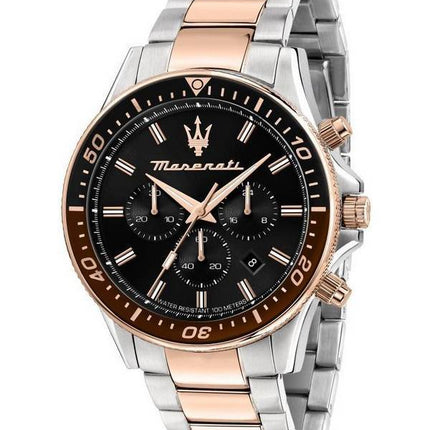 Maserati Sfida Chronograph Two Tone Edelstahl Schwarzes Zifferblatt Quarz R8873640009 100M Herrenuhr