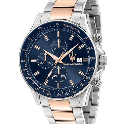 Maserati Sfida Chronograph Two Tone Edelstahl Blau Zifferblatt Quarz R8873640012 100M Herrenuhr