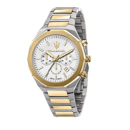 Maserati Stile Chronograph, zweifarbiger Edelstahl, weißes Zifferblatt, R8873642009, 100 m, Herrenuhr