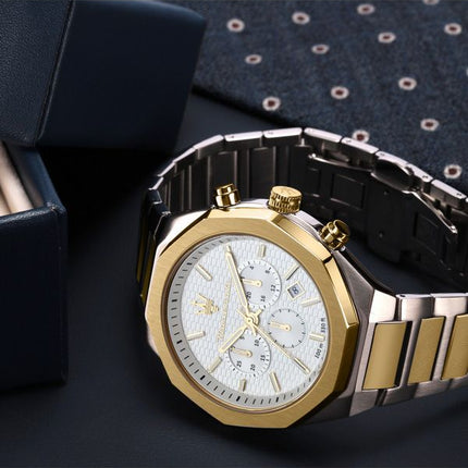 Maserati Stile Chronograph, zweifarbiger Edelstahl, weißes Zifferblatt, R8873642009, 100 m, Herrenuhr