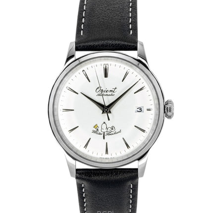 Orient Bambino Peanuts 75. Jubiläum, limitierte Auflage, Lederarmband, weißes Zifferblatt, Automatik, RA-AC0M16S, Herrenuhr