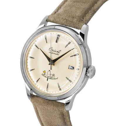 Orient Bambino Peanuts 75. Jubiläum, limitierte Auflage, Lederarmband, champagnerfarbenes Zifferblatt, Automatik, RA-AC0M17G, Herrenuhr