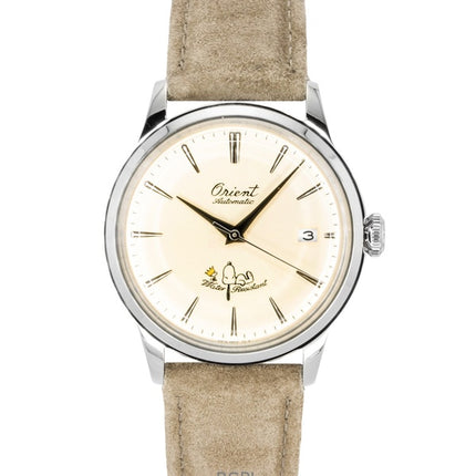 Orient Bambino Peanuts 75. Jubiläum, limitierte Auflage, Lederarmband, champagnerfarbenes Zifferblatt, Automatik, RA-AC0M17G, Herrenuhr