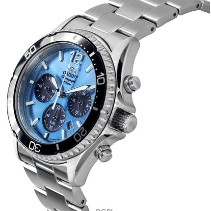 Orient Sports Chronograph Edelstahl Himmelblaues Zifferblatt Quarz Taucheruhr RA-TX0206L 200M Herrenuhr
