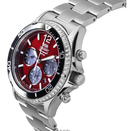 Orient Sports Chronograph Edelstahl Himmelrotes Zifferblatt Quarz Taucheruhr RA-TX0207R 200M Herrenuhr