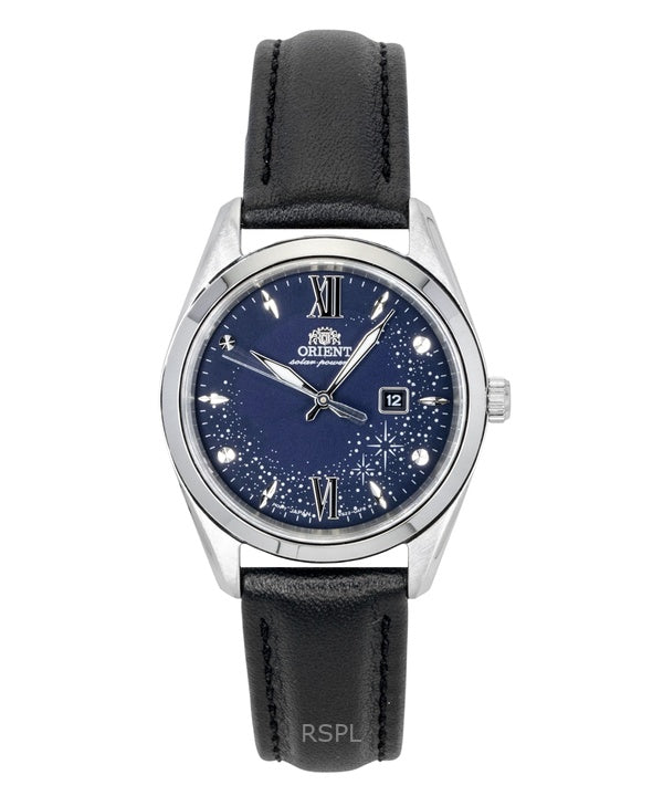 Orient Stretto Damenuhr mit Lederarmband, blauem Zifferblatt und Solarfunktion (RA-WG0605L)