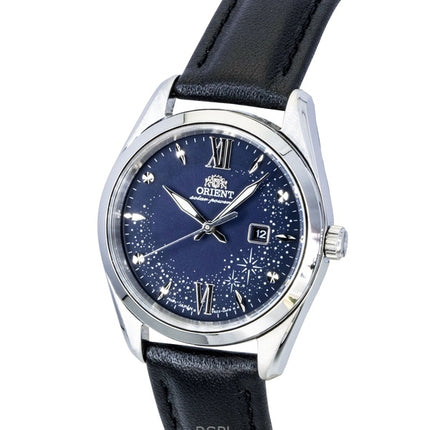 Orient Stretto Damenuhr mit Lederarmband, blauem Zifferblatt und Solarfunktion (RA-WG0605L)