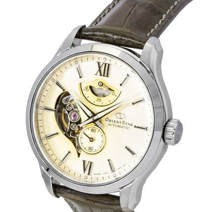 Orient Star Zeitgenössisches Lederarmband Open Heart Champagner-Zifferblatt Automatik RE-AV0B10G 100M Herrenuhr