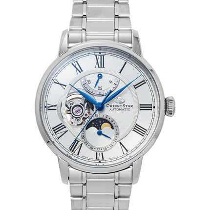 Orient Star M45 F7 Mechanische Mondphasenuhr, Edelstahl, weißes Zifferblatt mit offenem Herz, Automatik, Herrenuhr RE-BT0005S