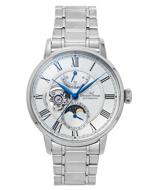 Orient Star M45 F7 Mechanische Mondphasenuhr, Edelstahl, weißes Zifferblatt mit offenem Herz, Automatik, Herrenuhr RE-BT0005S