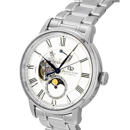 Orient Star M45 F7 Mechanische Mondphasenuhr, Edelstahl, weißes Zifferblatt mit offenem Herz, Automatik, Herrenuhr RE-BT0005S