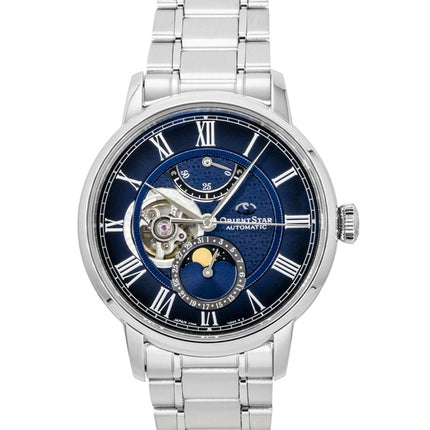 Orient Star M45 F7 Mechanische Mondphasenuhr, Edelstahl, Marineblaues Zifferblatt mit offenem Herz, Automatik, RE-BT0006L Herrenuhr