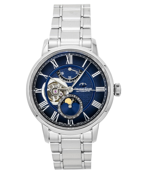 Orient Star M45 F7 Mechanische Mondphasenuhr, Edelstahl, Marineblaues Zifferblatt mit offenem Herz, Automatik, RE-BT0006L Herrenuhr