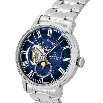 Orient Star M45 F7 Mechanische Mondphasenuhr, Edelstahl, Marineblaues Zifferblatt mit offenem Herz, Automatik, RE-BT0006L Herrenuhr