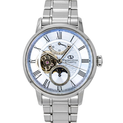 Orient Star M45 F7 Mechanische Mondphasenuhr, Edelstahl, hellblaues Zifferblatt mit offenem Herz, Automatik, RE-BT0007L Herrenuhr