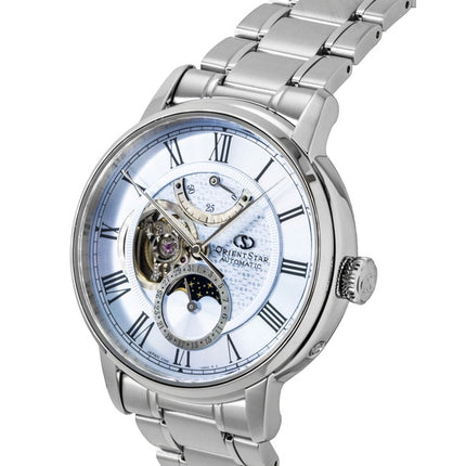 Orient Star M45 F7 Mechanische Mondphasenuhr, Edelstahl, hellblaues Zifferblatt mit offenem Herz, Automatik, RE-BT0007L Herrenuhr