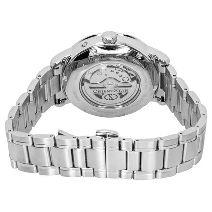 Orient Star M45 F7 Mechanische Mondphasenuhr, Edelstahl, hellblaues Zifferblatt mit offenem Herz, Automatik, RE-BT0007L Herrenuhr
