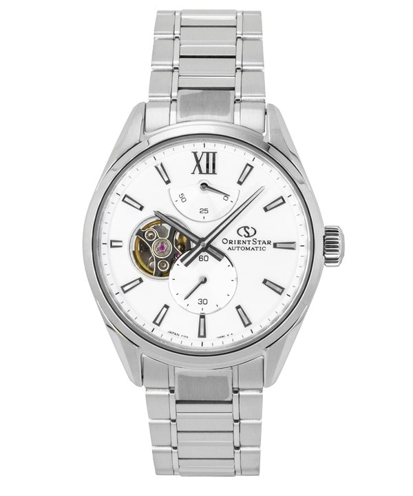 Orient Star Contemporary M34 F7 Edelstahl Halbskelett Weißes Zifferblatt Automatik Herrenuhr RE-BY0011S