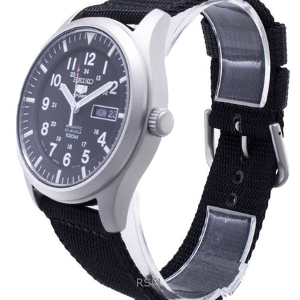 Generalüberholte Seiko Automatik-Sportuhr SNZG15J1 mit schwarzem Zifferblatt und Herrenarmband