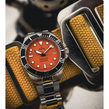 Generalüberholte Ratio FreeDiver Herrenuhr, Saphirglas, Edelstahl, oranges Zifferblatt, Automatik, RTF045, 200 m