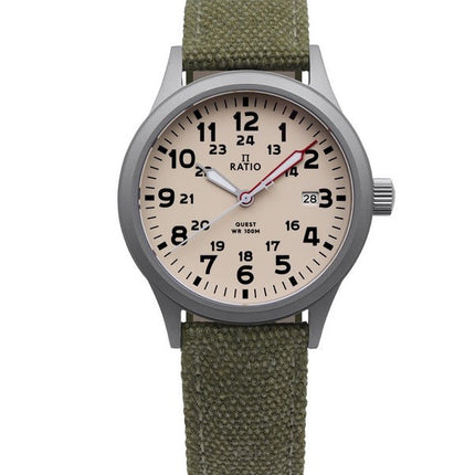 Generalüberholte Ratio Quest Herren-Feldarmbanduhr mit Saphirglas, Canvas-Armband, Quarzwerk, RTQ019, 100 m wasserdicht, Lewis &amp; Clark Edition