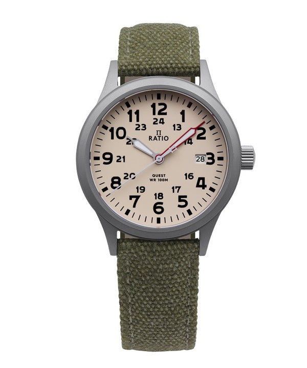 Generalüberholte Ratio Quest Herren-Feldarmbanduhr mit Saphirglas, Canvas-Armband, Quarzwerk, RTQ019, 100 m wasserdicht, Lewis &amp; Clark Edition