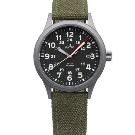 Ratio Quest Herren-Felduhr, Saphir-Canvas-Armband, Khaki-grünes Zifferblatt, Quarz, RTQ029 100M, Lewis &amp, Clark Edition