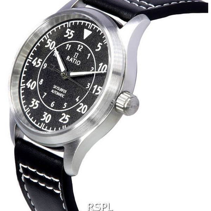 Ratio Skysurfer Pilot Schwarzes strukturiertes Zifferblatt Leder Automatik RTS320 200M Herrenuhr