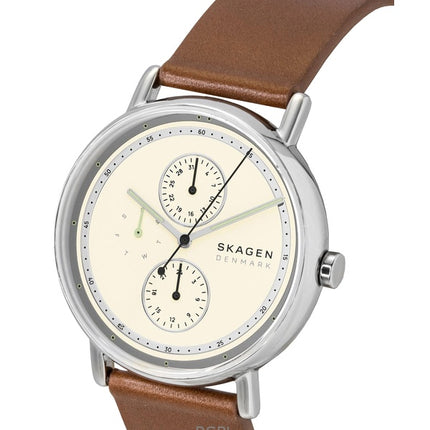 Skagen Signatur Herrenuhr mit Lederarmband, Multifunktionsuhr, cremefarbenem Zifferblatt und Quarzwerk, Modell SKW6942