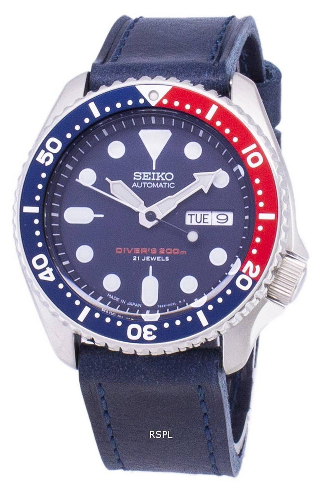 Seiko Automatik SKX009J1 LS13 Diver 200M dunkel blau Leder Armband Herrenuhr
