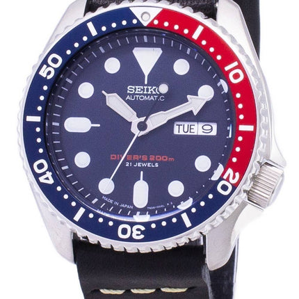 Seiko Automatik SKX009J1-LS14 Diver 200M Japan hergestellt aus schwarzem Leder Armband Herrenuhr