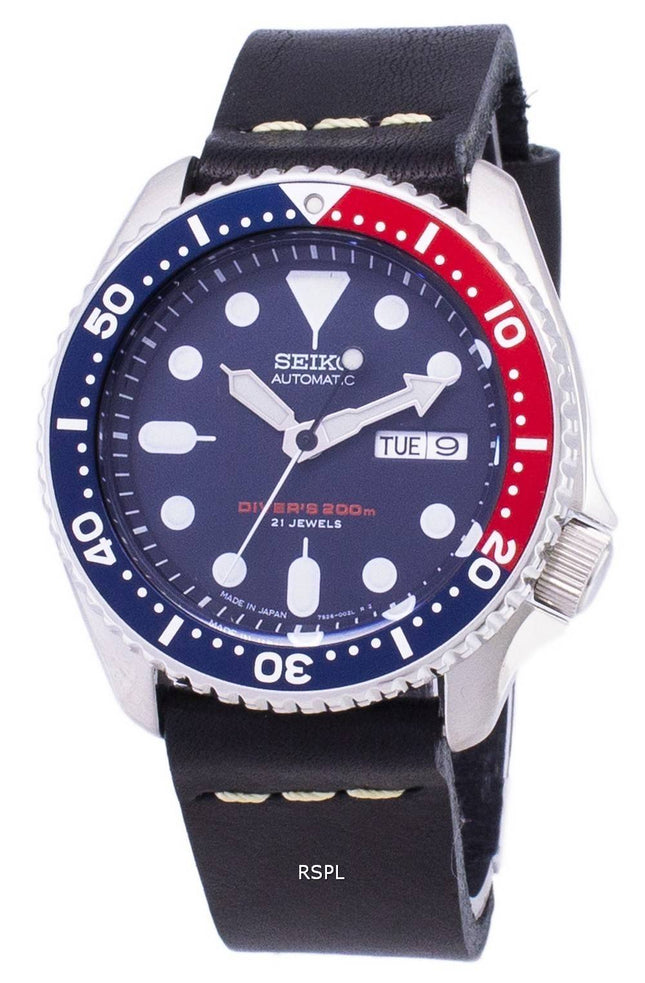 Seiko Automatik SKX009J1-LS14 Diver 200M Japan hergestellt aus schwarzem Leder Armband Herrenuhr