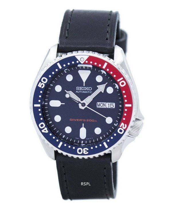 Seiko Automatik Diver 200M Verhältnis aus schwarzem Leder SKX009K1-LS8 Herrenuhr