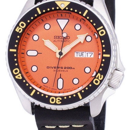 Seiko Automatik SKX011J1-LS14 Diver 200M Japan hergestellt aus schwarzem Leder Armband Herrenuhr
