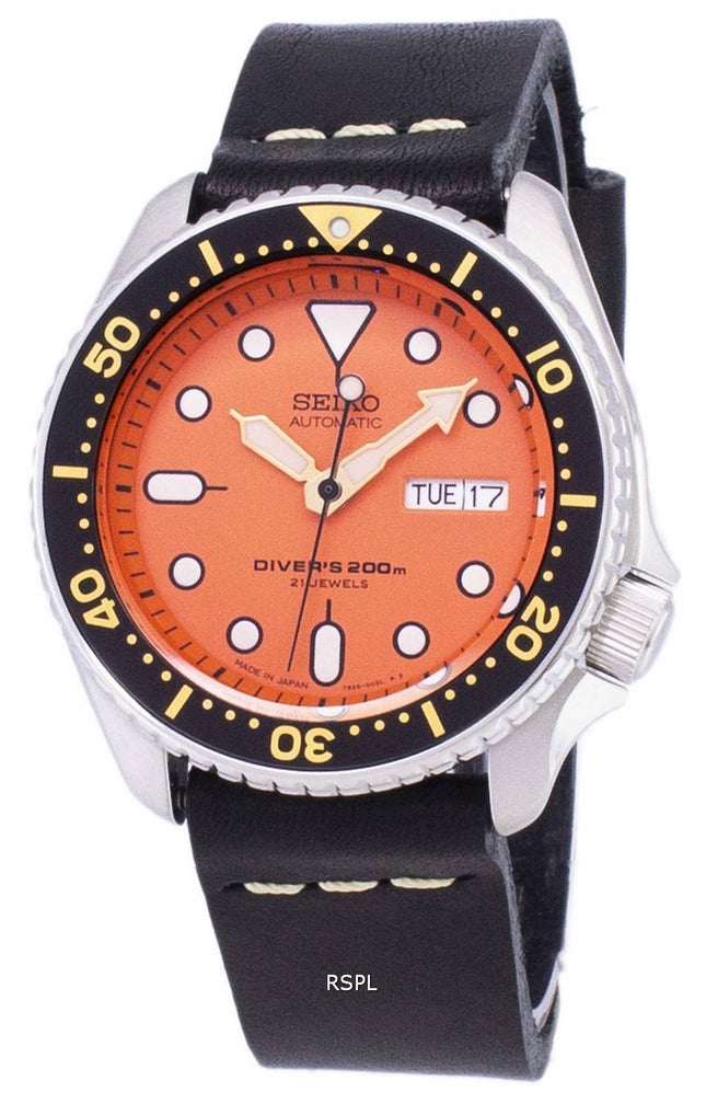 Seiko Automatik SKX011J1-LS14 Diver 200M Japan hergestellt aus schwarzem Leder Armband Herrenuhr