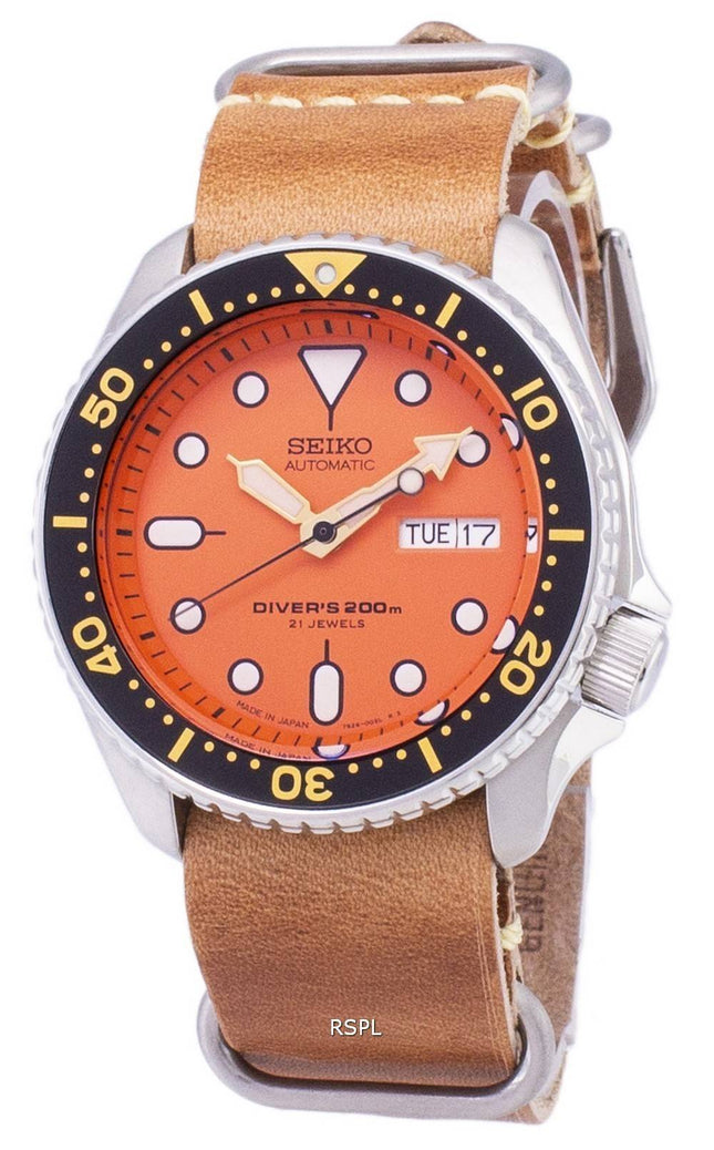 Seiko Automatik SKX011J1-LS18 Diver 200M Japan machte braun Leder Armband Herrenuhr