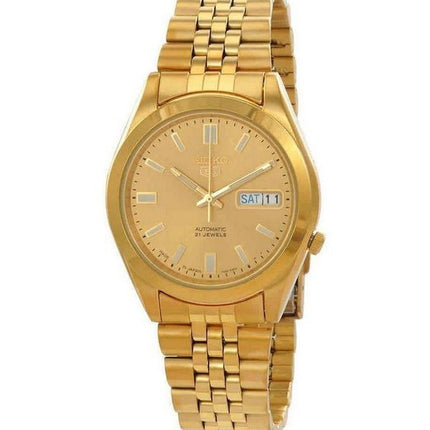 Seiko 5 goldfarbener Edelstahl, goldenes Zifferblatt, automatische 21-Juwelen-Herrenuhr SNKF90J1