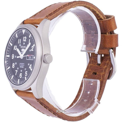 Generalüberholte Seiko 5 Sports Automatik Herrenuhr mit braunem Lederarmband, Modell SNZG15K1-var-LS9, wasserdicht bis 100 m