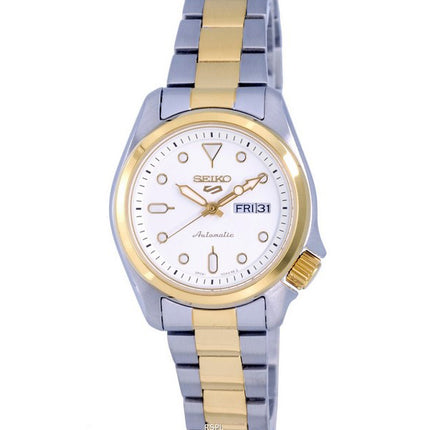Generalüberholte Seiko 5 Sports Zweifarbige Edelstahluhr mit weißem Zifferblatt, Automatik, Modell SRE004, SRE004K1, SRE004K, wasserdicht bis 100 m, Damenuhr