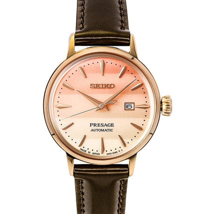 Seiko Presage Cocktail Limited Edition Damenuhr mit Lederarmband, roségoldenem Zifferblatt und Automatikwerk, Modell SRE014J1